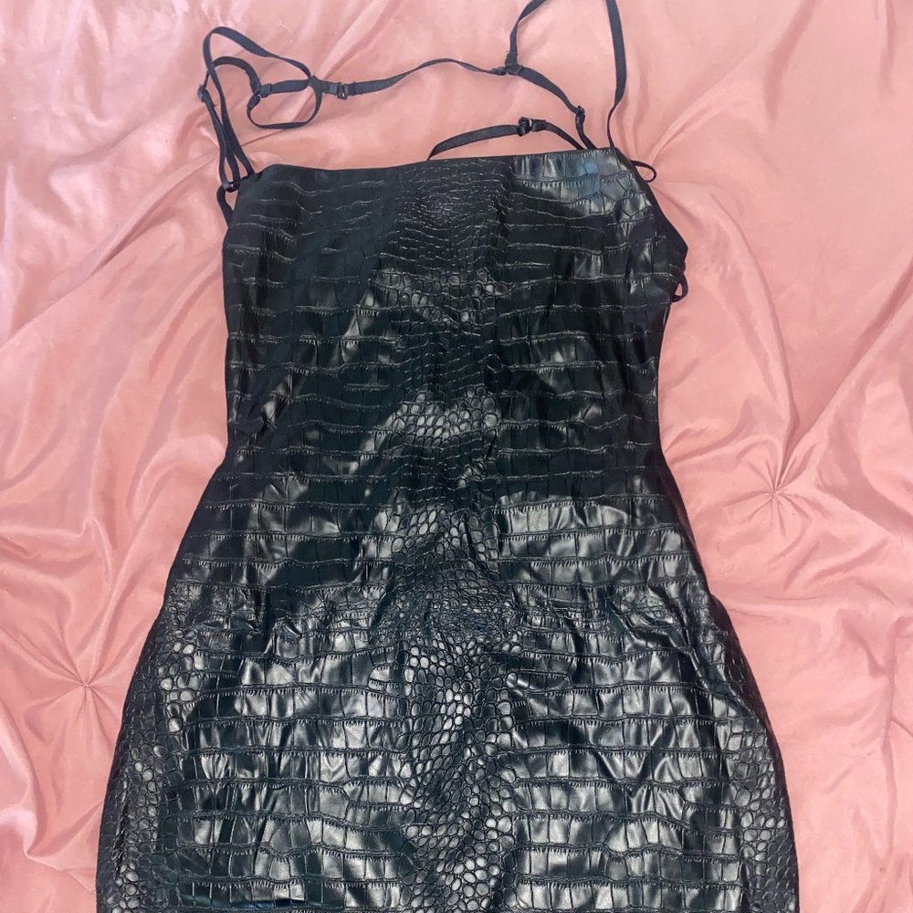 Black Crocodile Leather Mini Dress